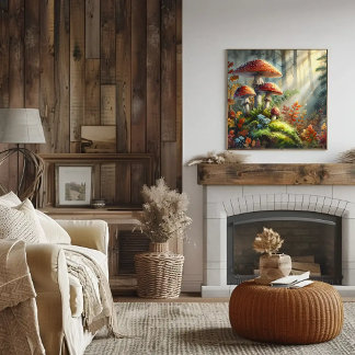 水彩の森キノコの葉の菌類の芸術 ポスター