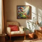 水彩の森キノコの葉の菌類の芸術 ポスター