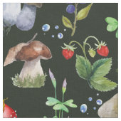 水彩の森マッシュルーム緑のベリーパターン ファブリック (クローズアップ)