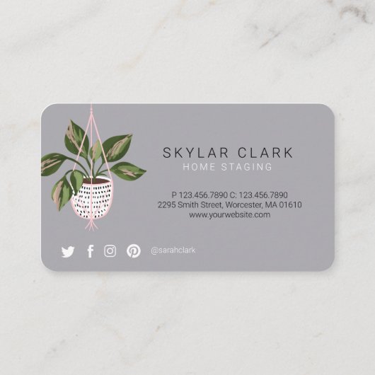 水彩の植ぶら下がった物カゴのホームステージング 名刺 (裏面)