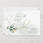 水彩の植物とメタリックゴールドのウェディング セーブザデート (正面)