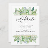 水彩の植物と葉のボーダー お祝い 招待状 (正面/裏面)