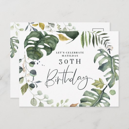 水彩の植物の30歳の誕生日パーティーの招待状 案内ポストカード (正面/裏面)