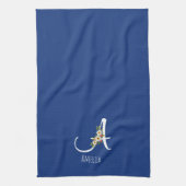 水彩の植物画ブルーイニシャルモノグラム キッチンタオル (縦)