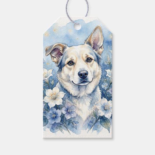 水彩の植物画風の花と犬の肖像画 ギフトタグ (正面)