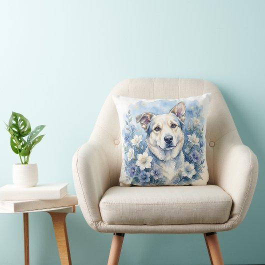 水彩の植物画風の花と犬の肖像画 クッション (椅子)