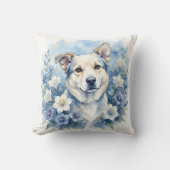 水彩の植物画風の花と犬の肖像画 クッション (正面)