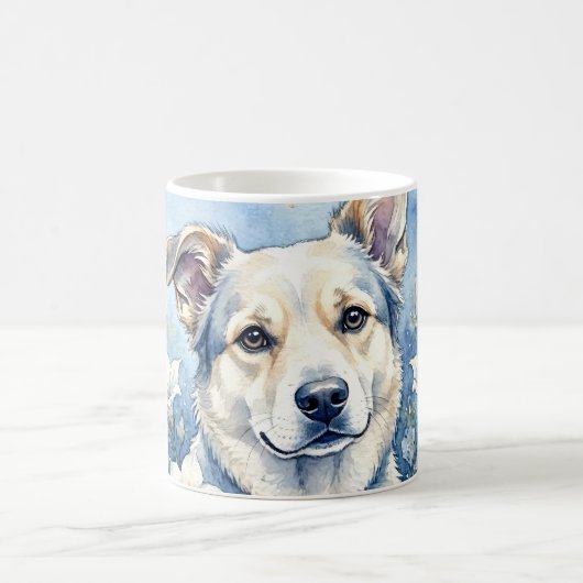 水彩の植物画風の花と犬の肖像画 コーヒーマグカップ (中央)