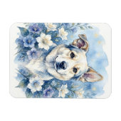 水彩の植物画風の花と犬の肖像画 マグネット (横)