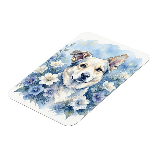 水彩の植物画風の花と犬の肖像画 マグネット (左側)
