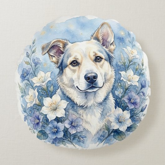 水彩の植物画風の花と犬の肖像画 ラウンドクッション (正面)