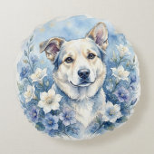 水彩の植物画風の花と犬の肖像画 ラウンドクッション (裏面)