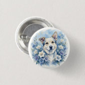 水彩の植物画風の花と犬の肖像画 缶バッジ (正面&裏面)