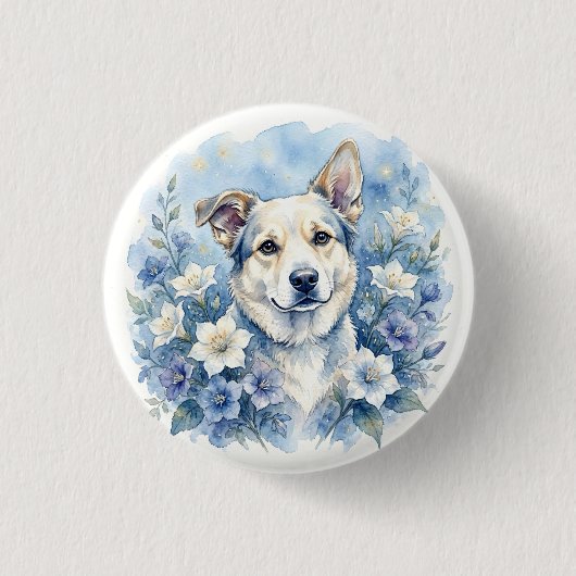 水彩の植物画風の花と犬の肖像画 缶バッジ (正面)