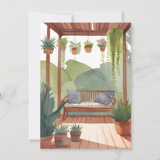 水彩の植物画 ポットのあるポーチ カード (正面)