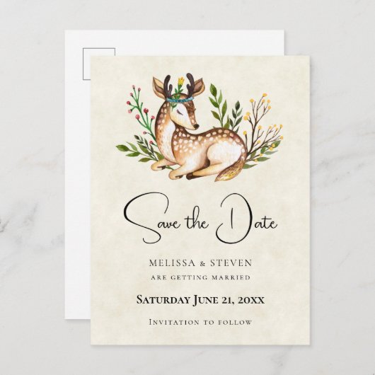 水彩の横になった鹿のボヘミアンスタイルのSave the Date インビテーションポストカード (正面/裏面)