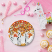 水彩の樺の木 秋 オレンジ色の葉 ペーパープレート (パーティー)