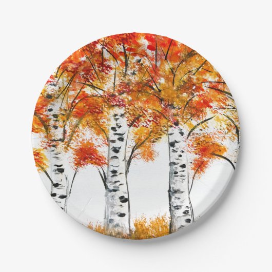 水彩の樺の木 秋 オレンジ色の葉 ペーパープレート (正面)