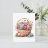 水彩の毛糸玉と花のバスケット ポストカード (スタンド正面)