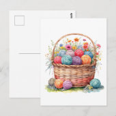 水彩の毛糸玉と花のバスケット ポストカード (正面/裏面)