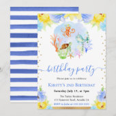 水彩の水中動物の誕生日パーティー 招待状 (正面/裏面)