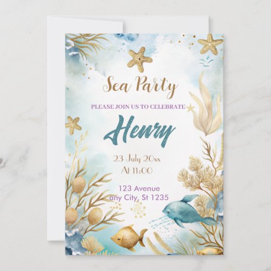水彩の水中金ゴールド誕生日パーティー 招待状 (正面)