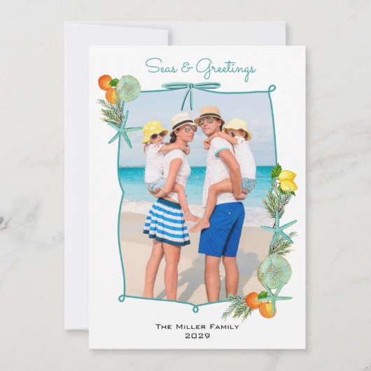 水彩の海とグリーティング クリスマス写真 シーズンカード (正面)