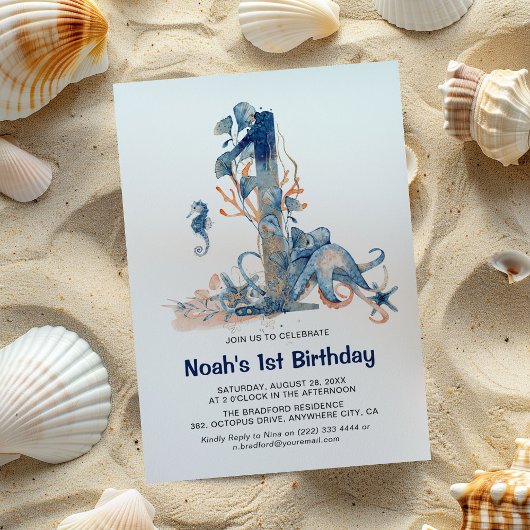 水彩の海の中の男の子の1歳の誕生日 招待状
