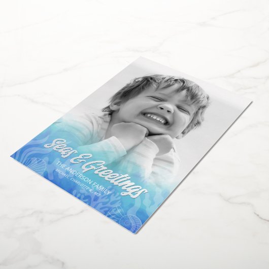 水彩の海 & グリーティング シルバー箔 箔シーズンカード (回転した状態)