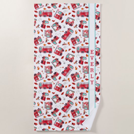 水彩の消防車の子パーソナライズされた供 ビーチタオル (正面)
