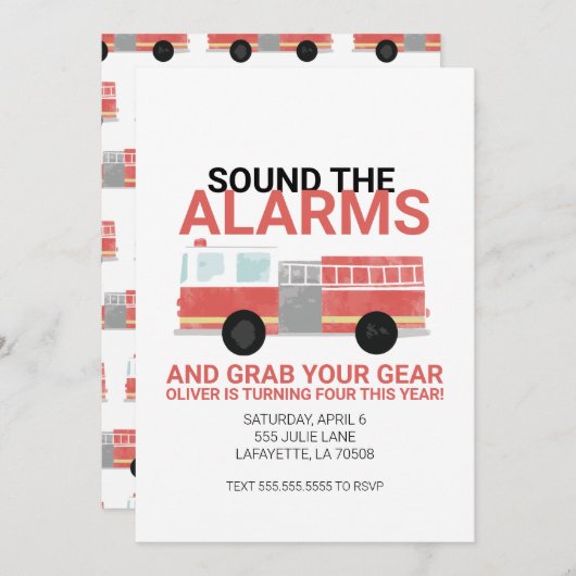 水彩の消防車の誕生日パーティーへの招待 招待状 (正面/裏面)