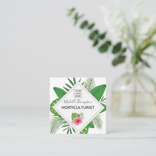 水彩の熱帯の葉パーソナライズされた スクエア名刺 (スタンド正面)