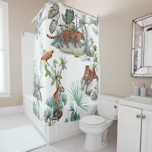 水彩の熱帯性模様でヒョウの動物が描かれている。 シャワーカーテン (インサイチュ)