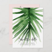 水彩の熱帯植物の葉とスクリプトの日付を保存 案内ポストカード (正面/裏面)