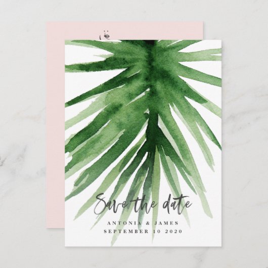 水彩の熱帯植物の葉とスクリプトの日付を保存 案内ポストカード (正面/裏面)