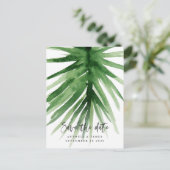水彩の熱帯植物の葉とスクリプトの日付を保存 案内ポストカード (スタンド正面)