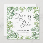 水彩の熱帯緑。葉パーム結婚ズ セーブザデート (正面/裏面)