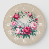 水彩の牡丹の花輪のアートプリント ラージ壁時計 (正面)