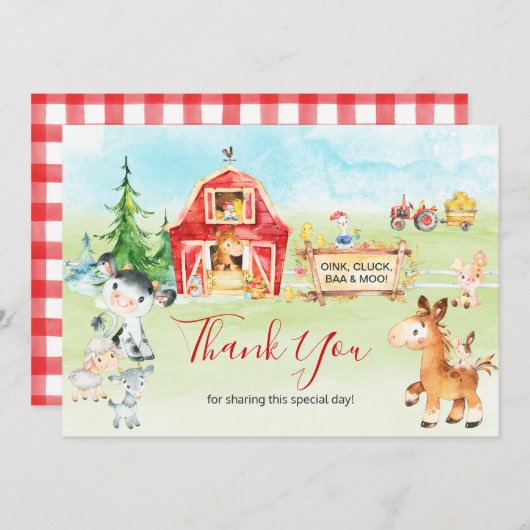 水彩の牧場と農場の動物たちへの感謝 サンキューカード (正面/裏面)