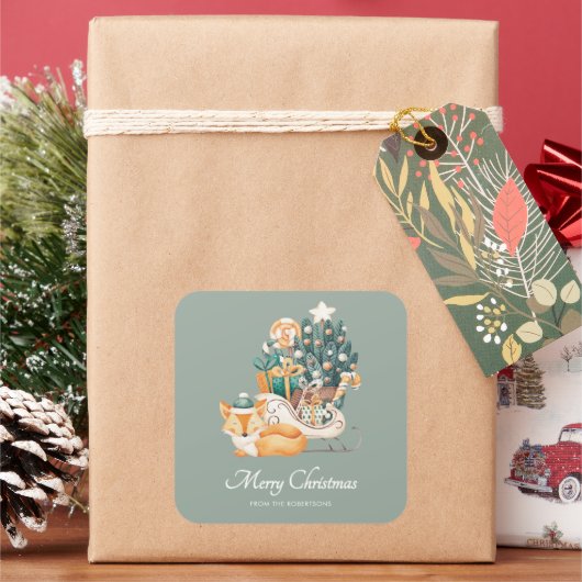 水彩の狐のクリスマススレイ ホリデー グリーン スクエアシール (クリスマス)