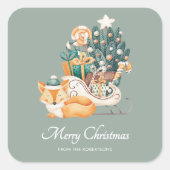 水彩の狐のクリスマススレイ ホリデー グリーン スクエアシール (正面)
