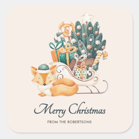 水彩の狐のクリスマススレイ ホリデー スクエアシール (正面)