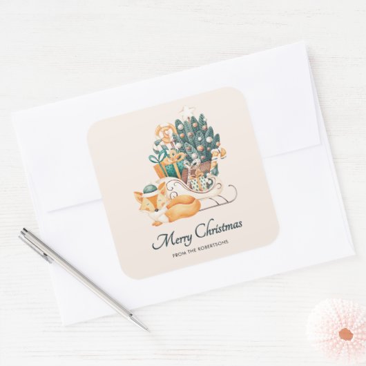 水彩の狐のクリスマススレイ ホリデー スクエアシール (封筒)