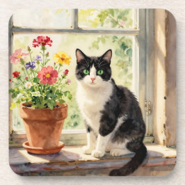水彩の猫と窓辺の花 コースター
