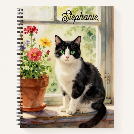 水彩の猫と窓辺の花  ノートブック (正面)