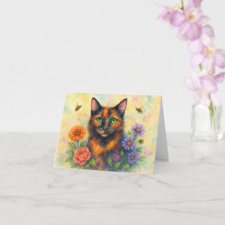 水彩の猫と花 カード