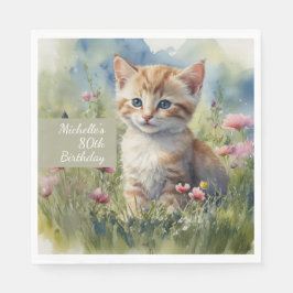 水彩の猫と草原の花 80歳の誕生日 スタンダードランチョンナプキン