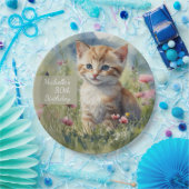 水彩の猫と草原の花 80歳の誕生日 ペーパープレート (パーティー)