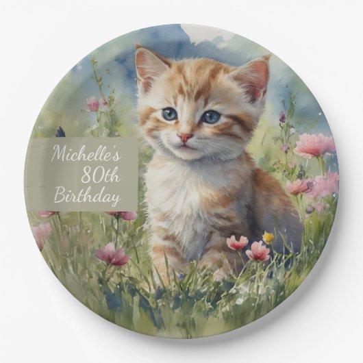 水彩の猫と草原の花 80歳の誕生日 ペーパープレート (正面)