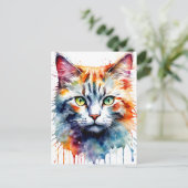 水彩の猫のマルチカラースプラッシュアート ポストカード (スタンド正面)